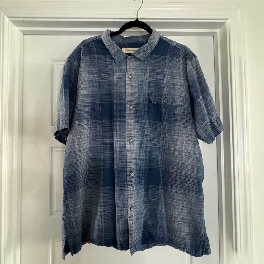Tommy Bahama Button Down Shirt Mens XXL Blue Plaid Silk Cotton Short Sleeve